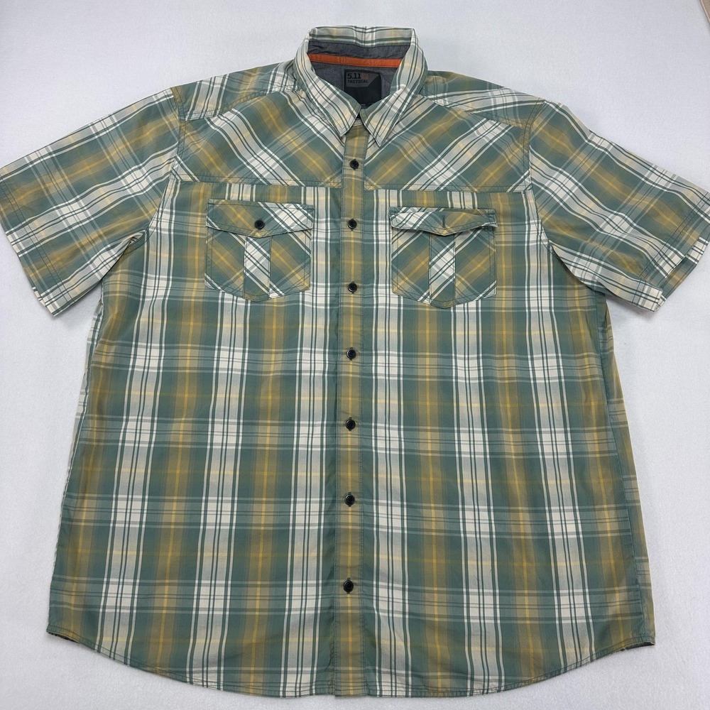 5.11 Tactical Shirt Mens Large Green Plaid Short Sleeve Snap Button Up Casual